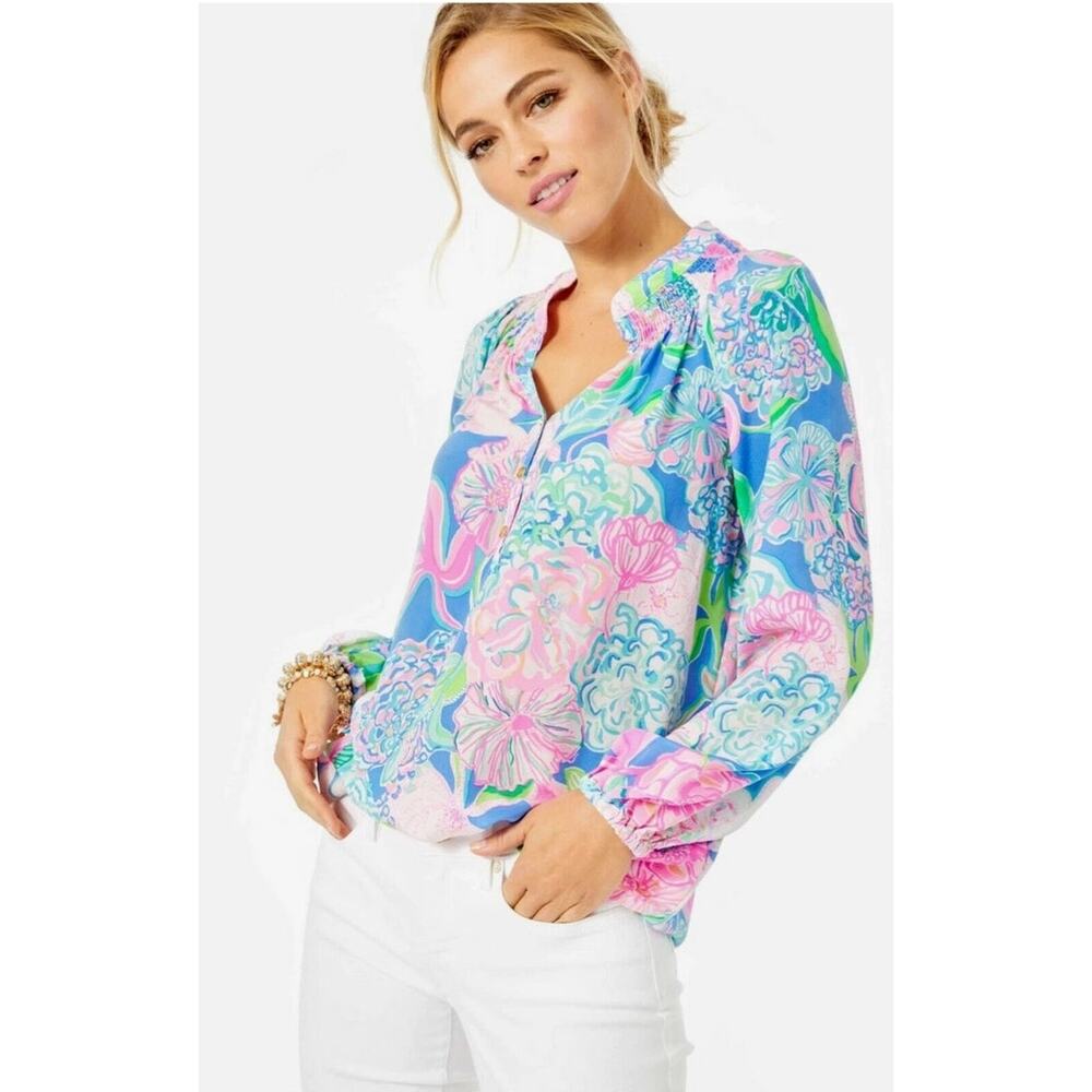 Lilly Pulitzer Elsa Peony For Thoughts Swizzle Silk Blouse Small Preppy Resort